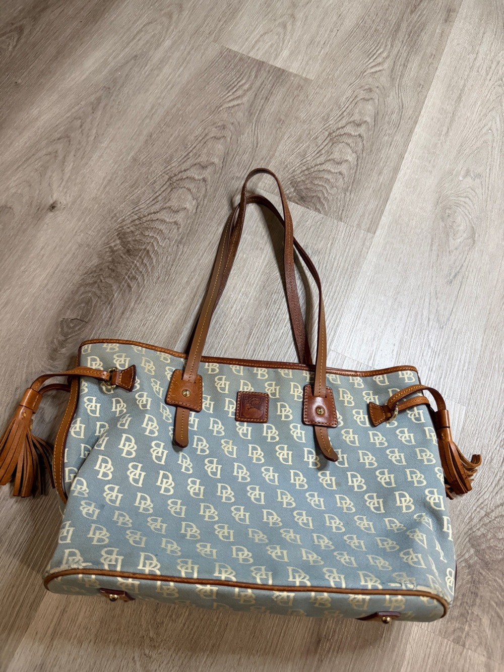 Dooney & Bourke Light Blue Monogram Tote with Brown Leather Trim